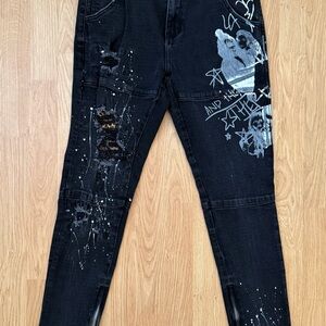 Lifted Anchors Black Distressed Paint Splatter Ankle Zipper Jeans Men’s 34